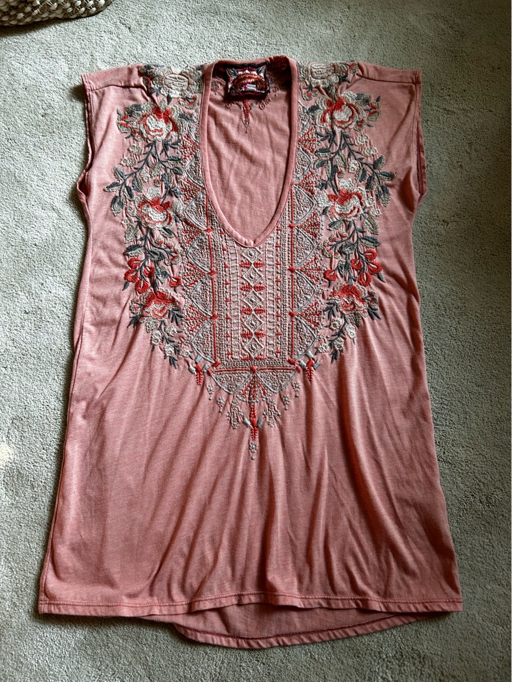 Johnny Was Rose Pink Embroidered Short Sleeve Tee